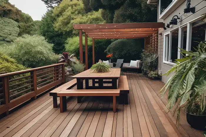 Wood deck construction with built in table and chairs