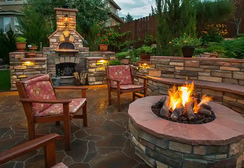 Outdoor patio with fireplace